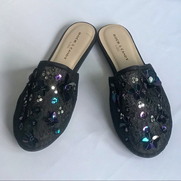 Rock & Candy by Zigi FANCY BLACK SEXY EMBELLISHED SEQUINS FLAT SLIPPERS Sz 8. - Picture 2 of 8